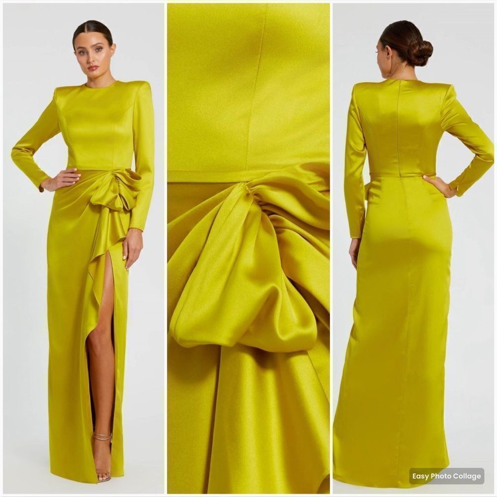 MAC DUGGAL  Chartreuse Long Sleeve Structured Bow Draped Gown 4